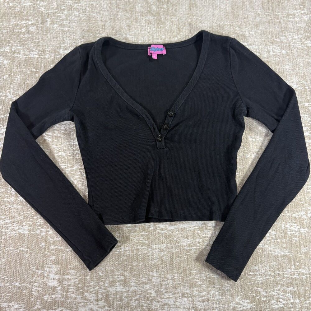 Edikted Black Ribbed Henley Long Sleeve Crop Top Size S